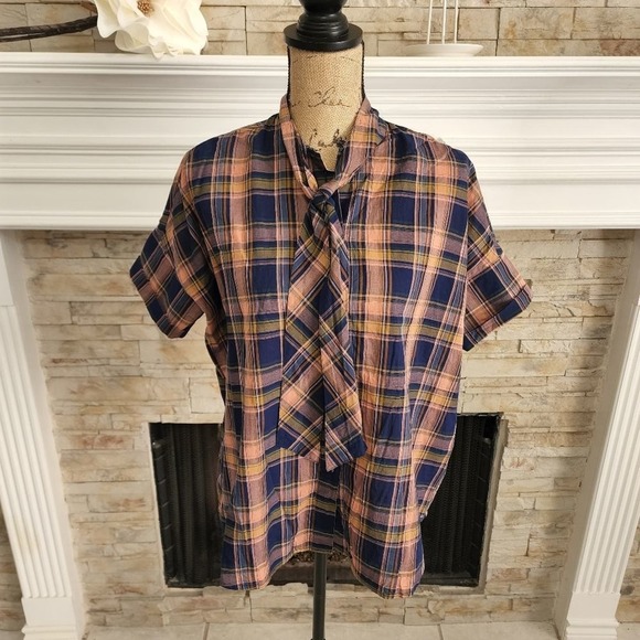 MADEWELL blue and orange plaid tied neck button‎ down shirt size XS - Picture 1 of 8